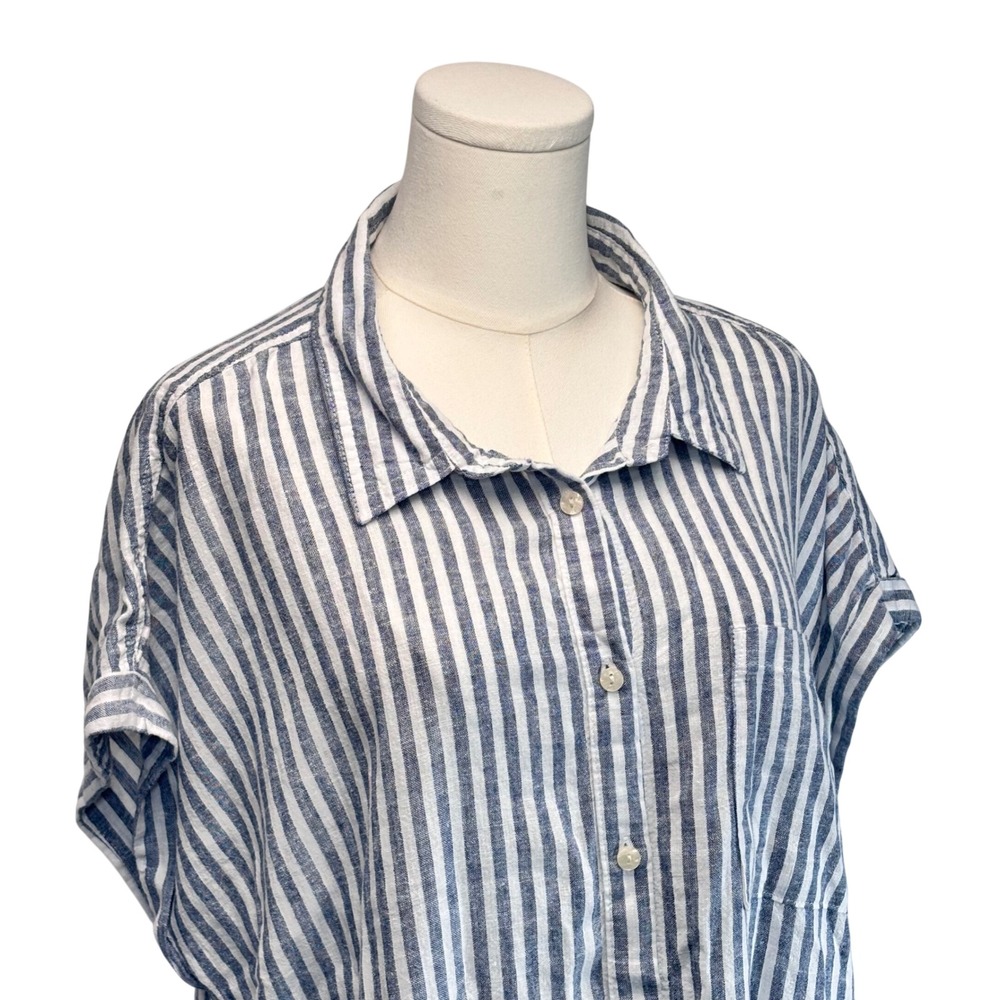 VTG Orvis Button Up Shirt Blue White Striped Linen Coastal Nautical Beach XL - Picture 2 of 12